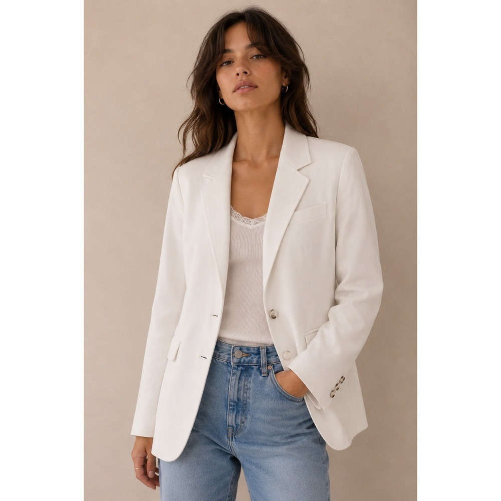 Made in USA White Tailored Blazer Jacket Two Button Career Professional Coat